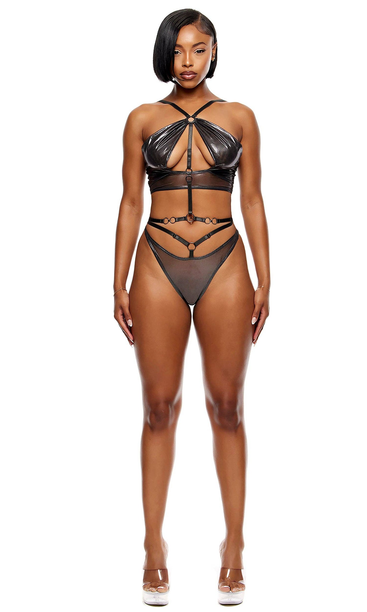 Liquid Metal Metallic Mesh Halterneck Bra Lingerie Set