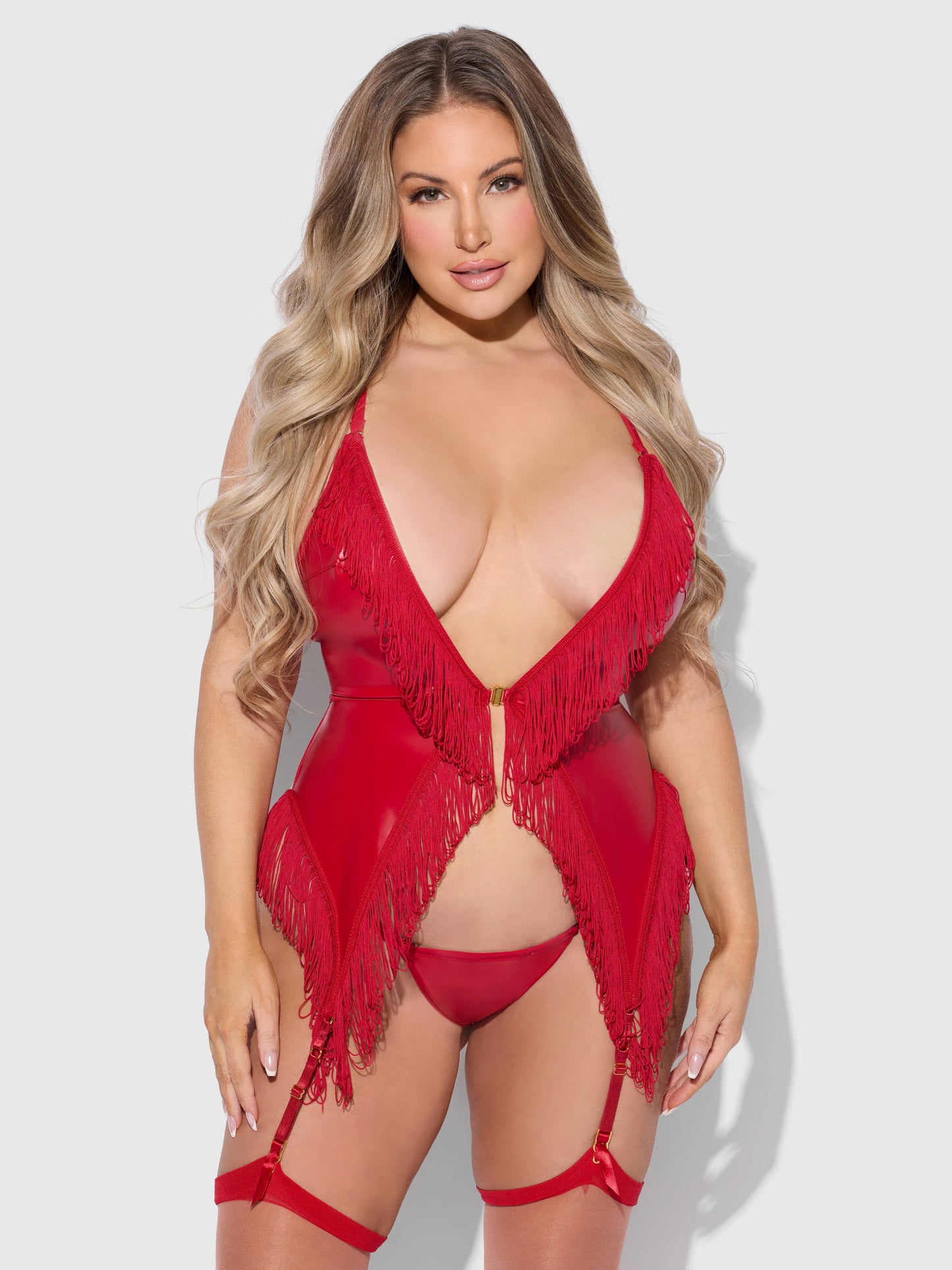 PHOENIX FAUX LEATHER & FRINGE CHEMISE & G-STRING SET: Crimson Red / 1X/2X