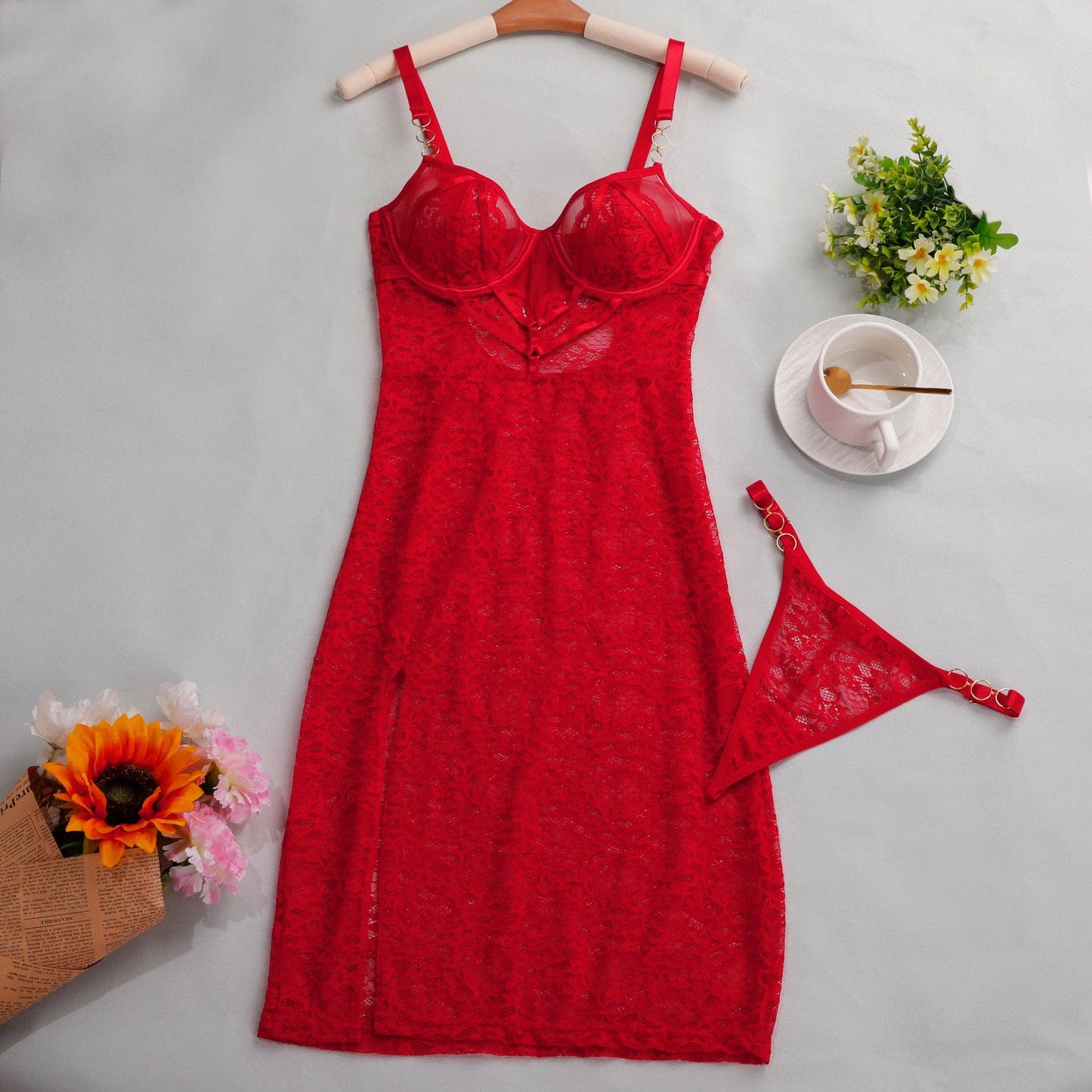 Lucky Floral Lace Side Split Lingerie Chemise Set