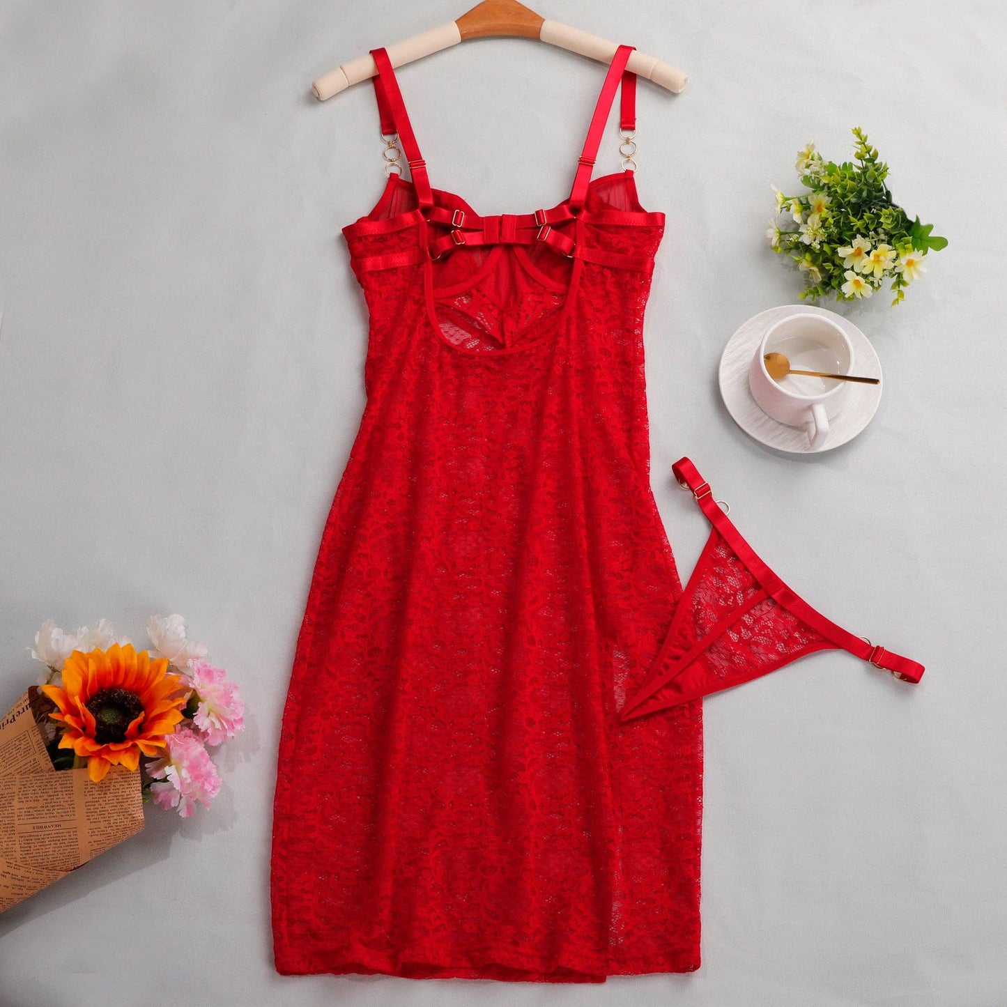 Lucky Floral Lace Side Split Lingerie Chemise Set